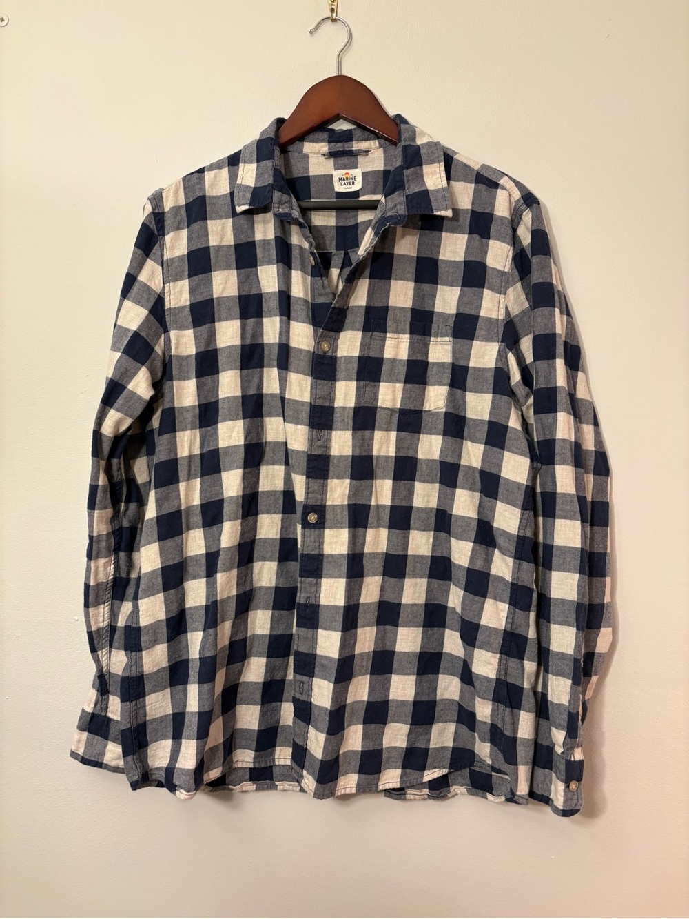 Marine Layer Navy & Cream Buffalo Check Flannel Button-Up — Size Large 🍂